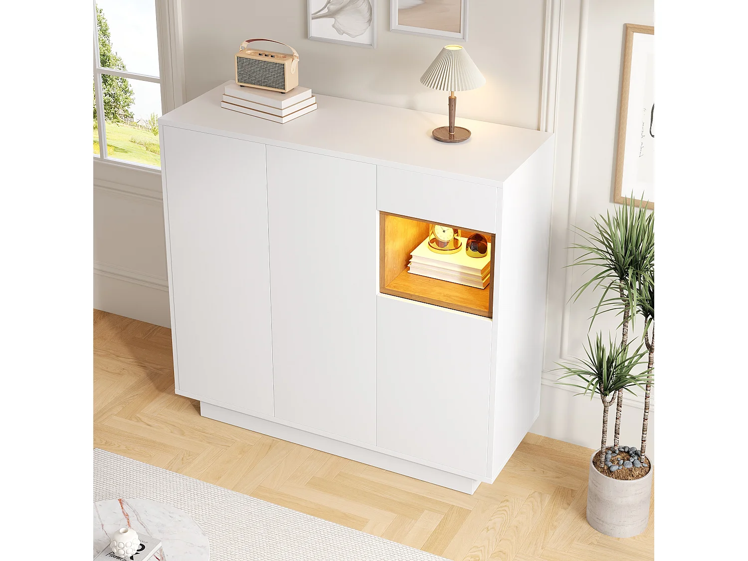 Schuhschrank 105x39.5x100.5 cm - 1 Schublade und 3 Türen - mit LED-Beleuchtung - mit verstellbaren Regalen - Weiß und natur