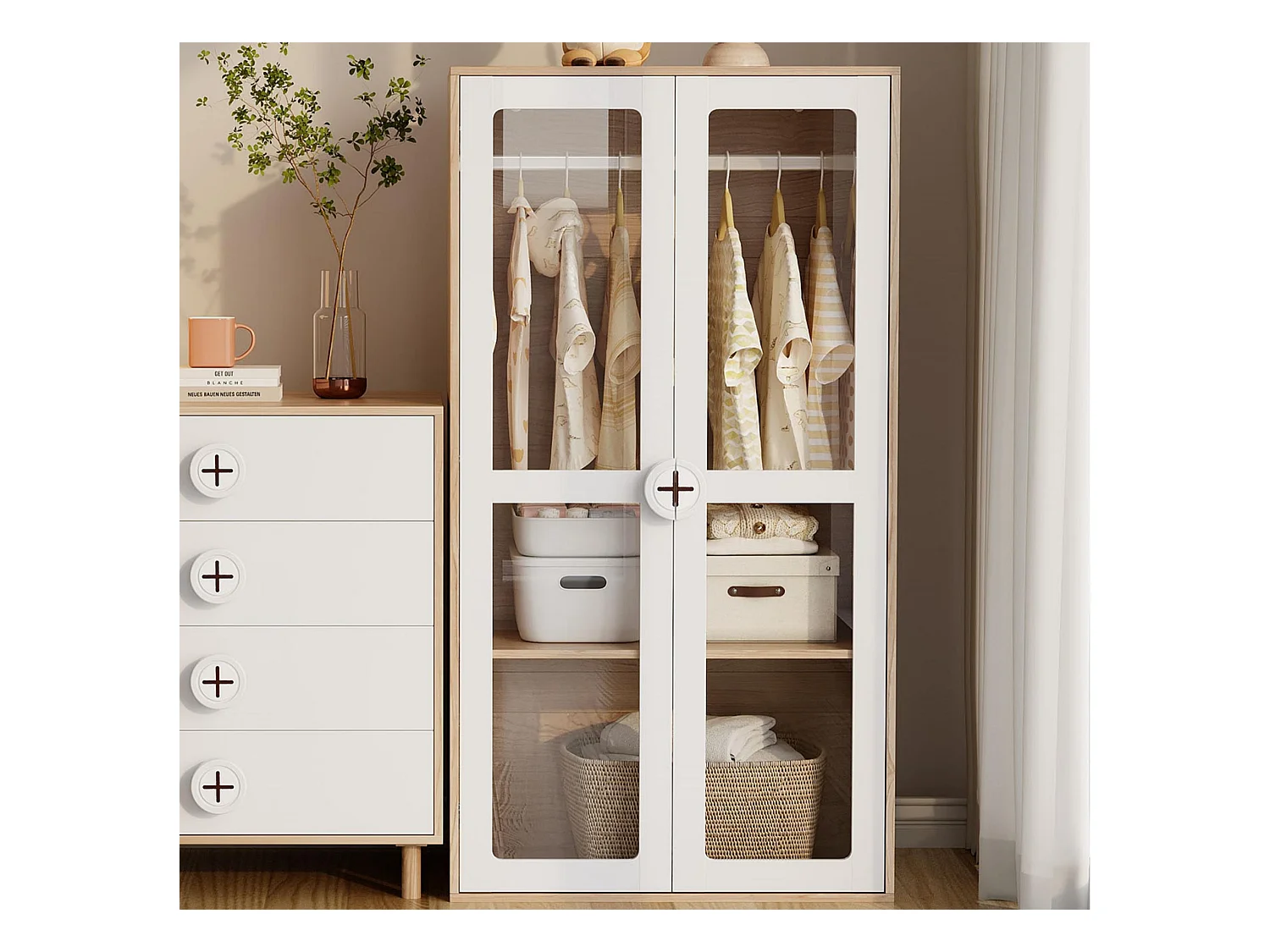 Armoire enfant 80x50x150 cm - 2 portes vitrées - avec tringle à vêtements - étagères réglables - blanc + naturel