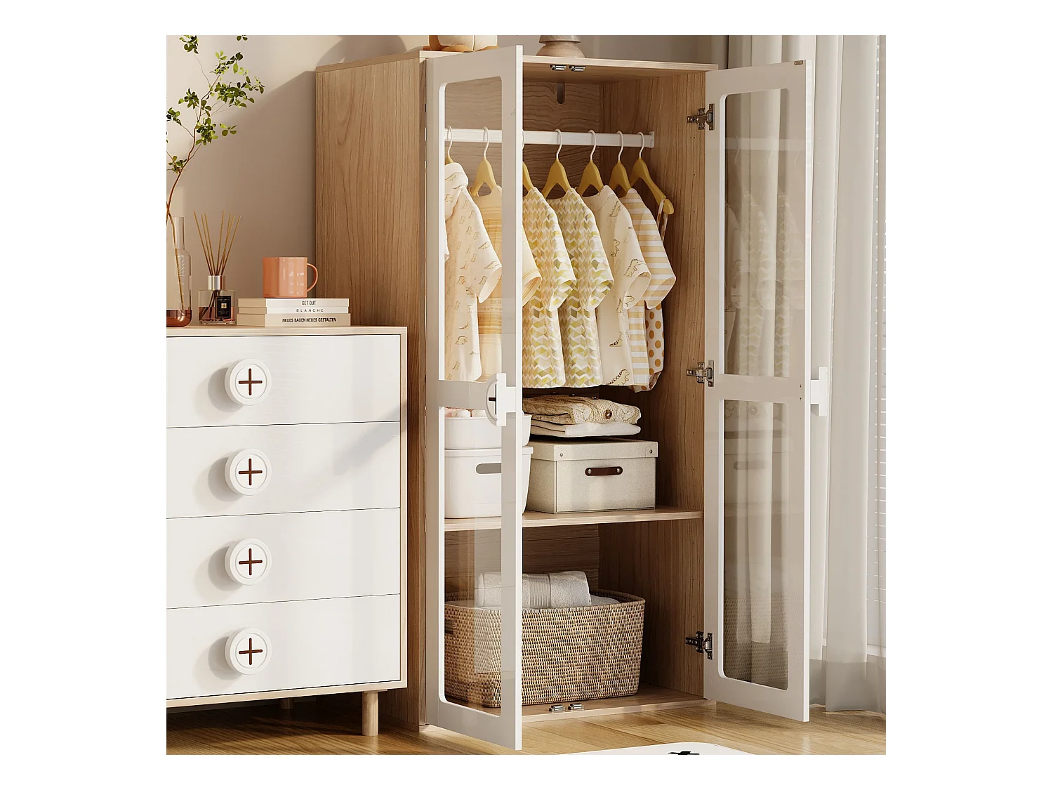 Armoire enfant 80x50x150 cm - 2 portes vitrées - avec tringle à vêtements - étagères réglables - blanc + naturel