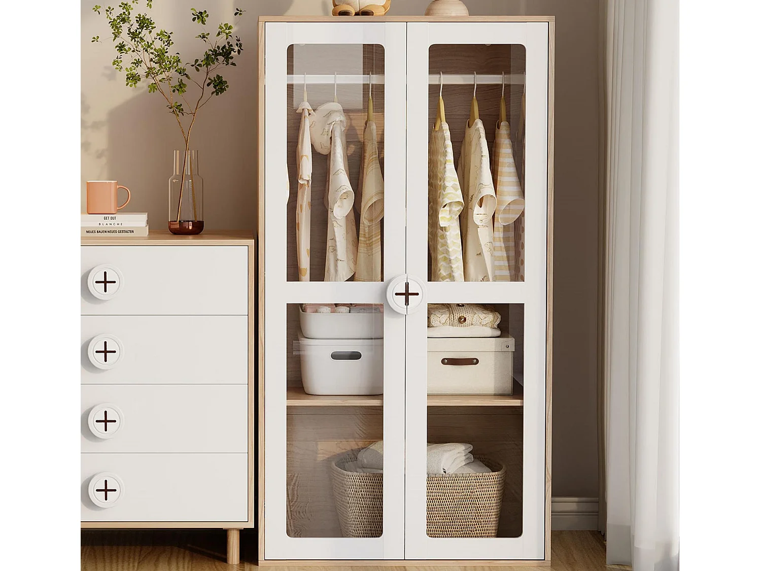 Armoire enfant 80x50x150 cm - 2 portes vitrées - avec tringle à vêtements - étagères réglables - blanc + naturel