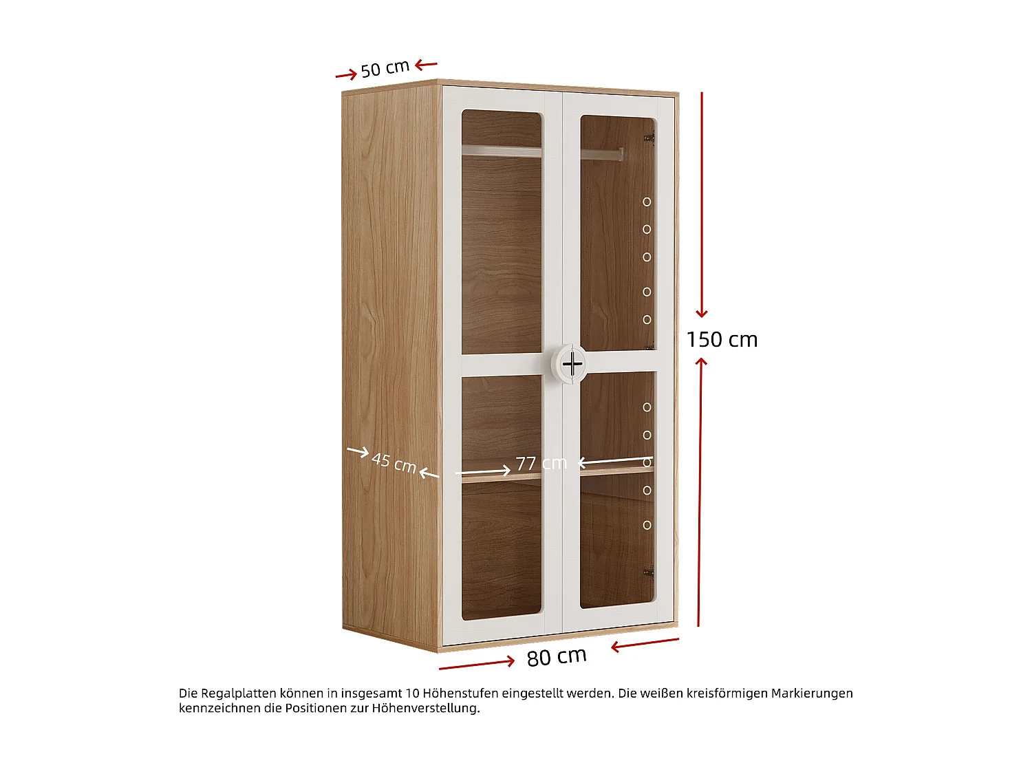 Armoire enfant 80x50x150 cm - 2 portes vitrées - avec tringle à vêtements - étagères réglables - blanc + naturel