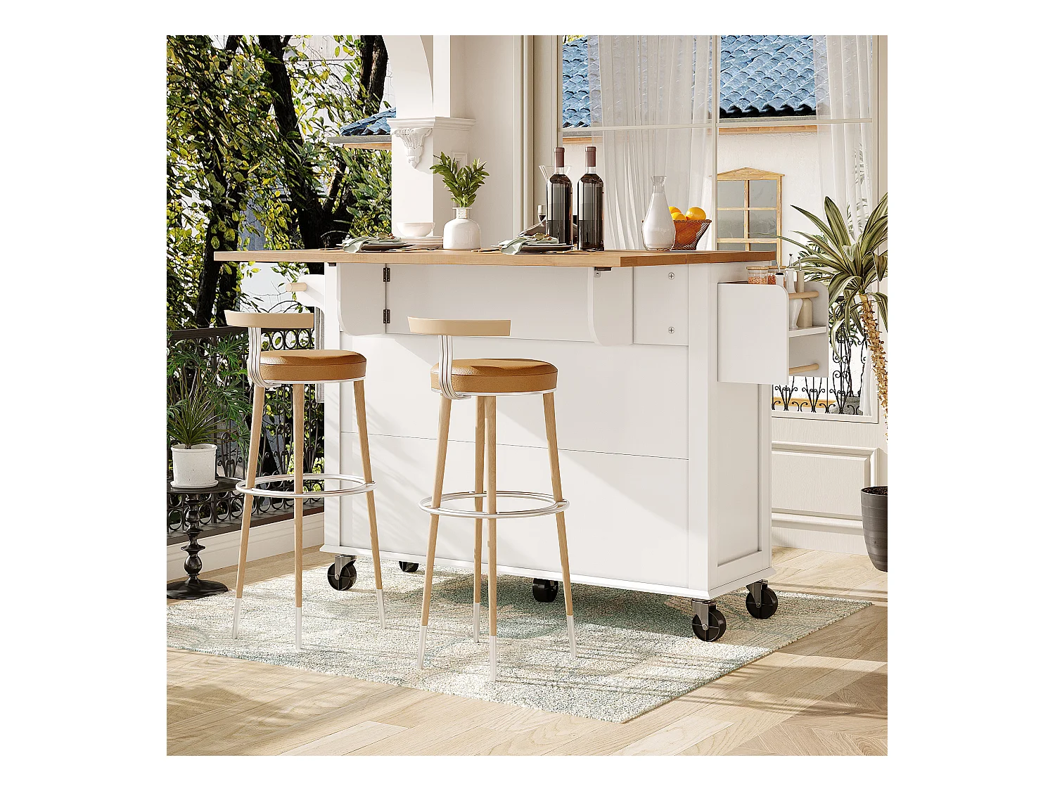 Ilot central de cuisine mobile - Plateau extensible - 140x72.5x90cm - 2 tiroirs et 4 portes vitrées - avec porte-serviettes - Blanc