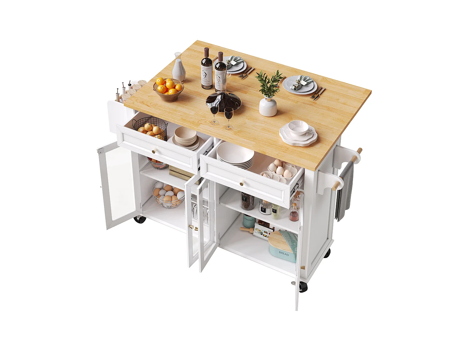 Ilot central de cuisine mobile - Plateau extensible - 140x72.5x90cm - 2 tiroirs et 4 portes vitrées - avec porte-serviettes - Blanc