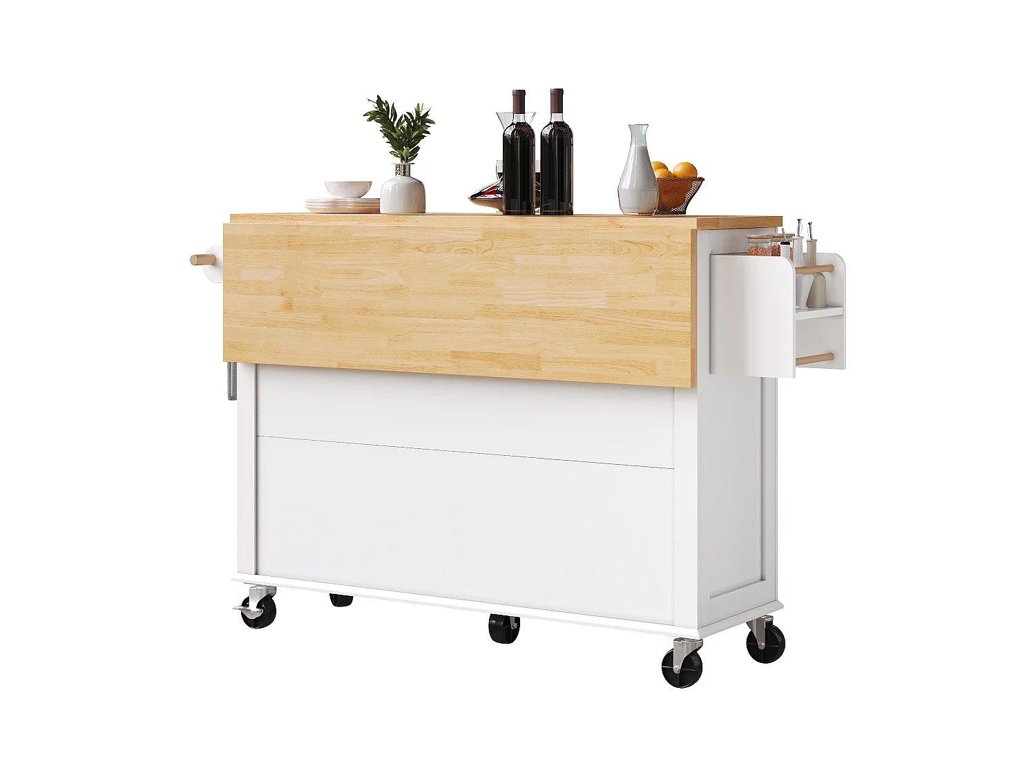 Ilot central de cuisine mobile - Plateau extensible - 140x72.5x90cm - 2 tiroirs et 4 portes vitrées - avec porte-serviettes - Blanc