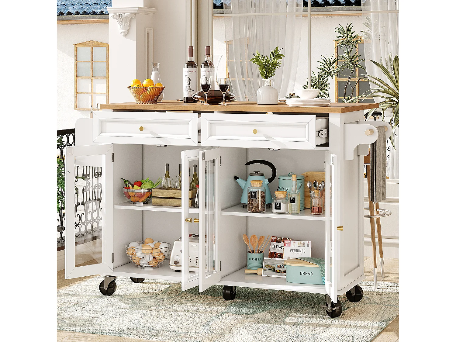 Ilot central de cuisine mobile - Plateau extensible - 140x72.5x90cm - 2 tiroirs et 4 portes vitrées - avec porte-serviettes - Blanc