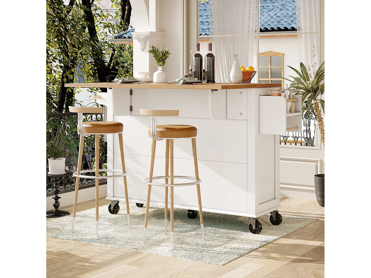 Ilot central de cuisine mobile - Plateau extensible - 140x72.5x90cm - 2 tiroirs et 4 portes vitrées - avec porte-serviettes - Blanc