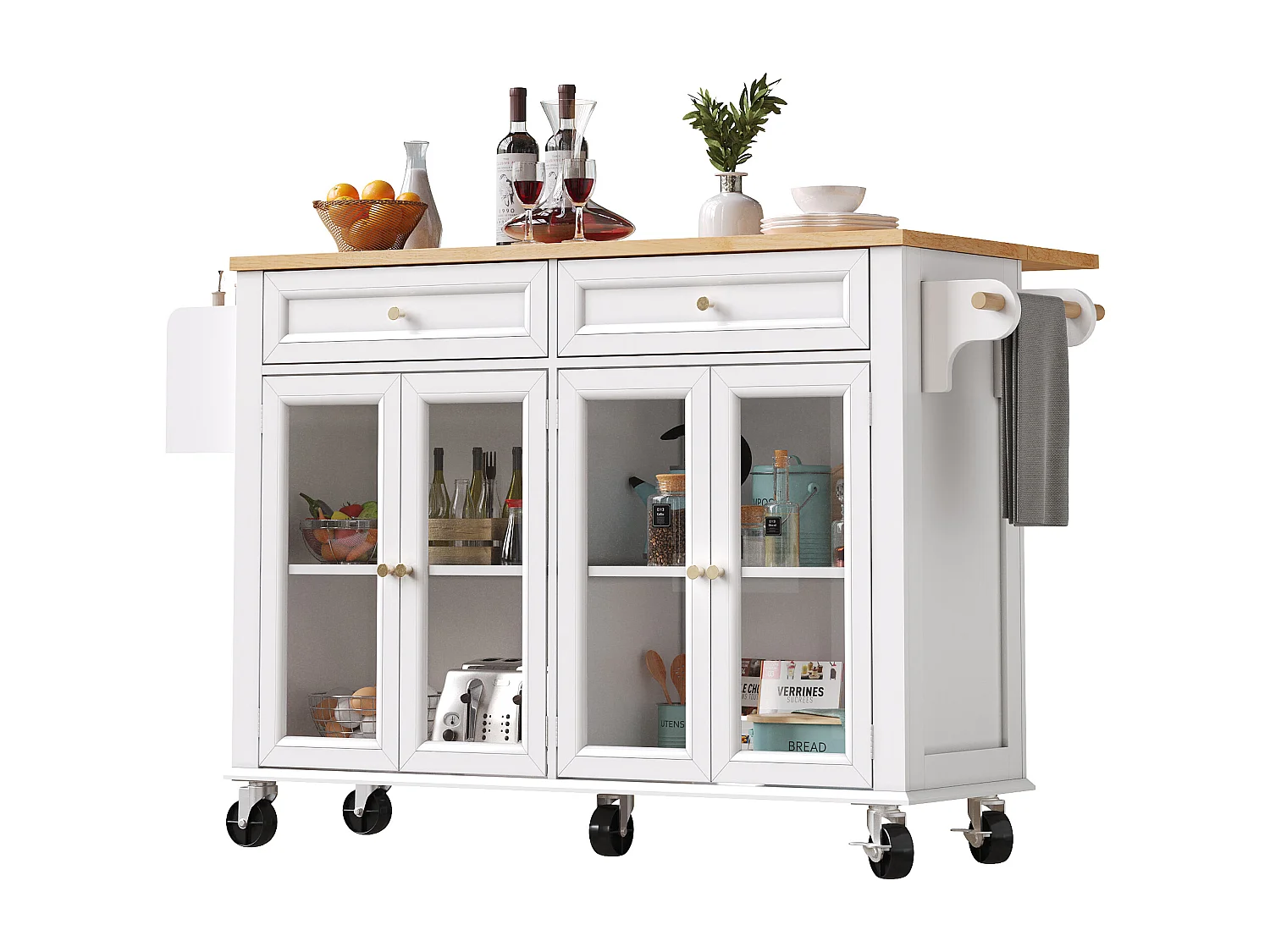 Ilot central de cuisine mobile - Plateau extensible - 140x72.5x90cm - 2 tiroirs et 4 portes vitrées - avec porte-serviettes - Blanc
