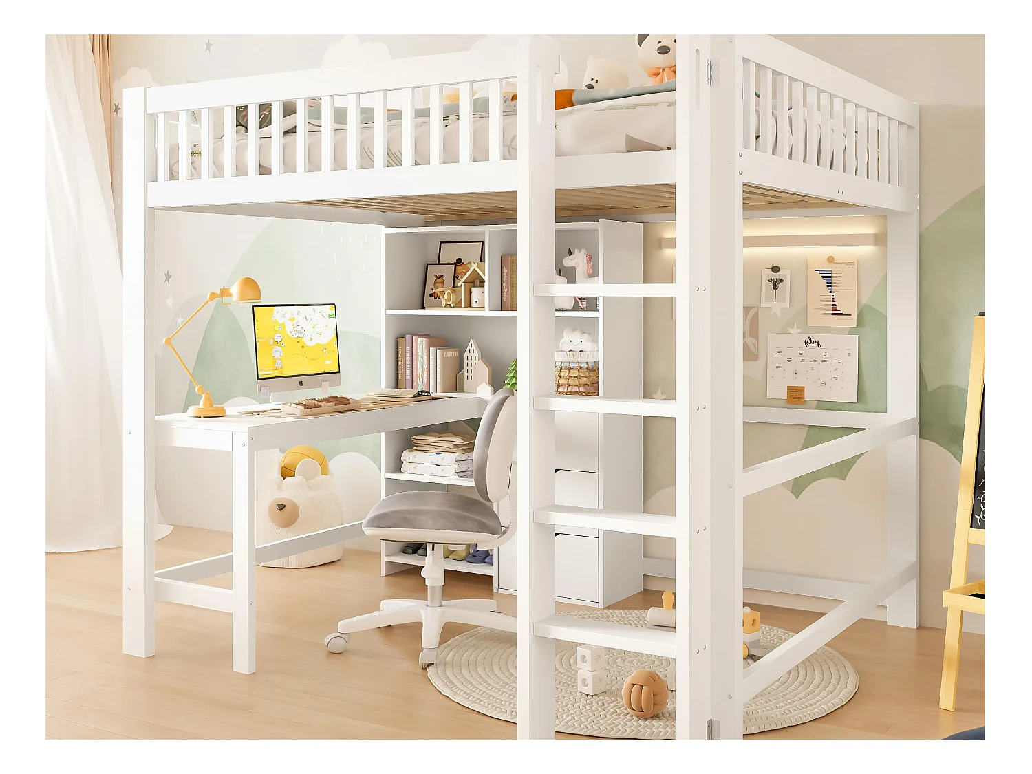 Lit mezzanine 140x200 cm - rangements multiples - avec échelle + bureau - avec 3 tiroirs - blanc (matelas non inclus)