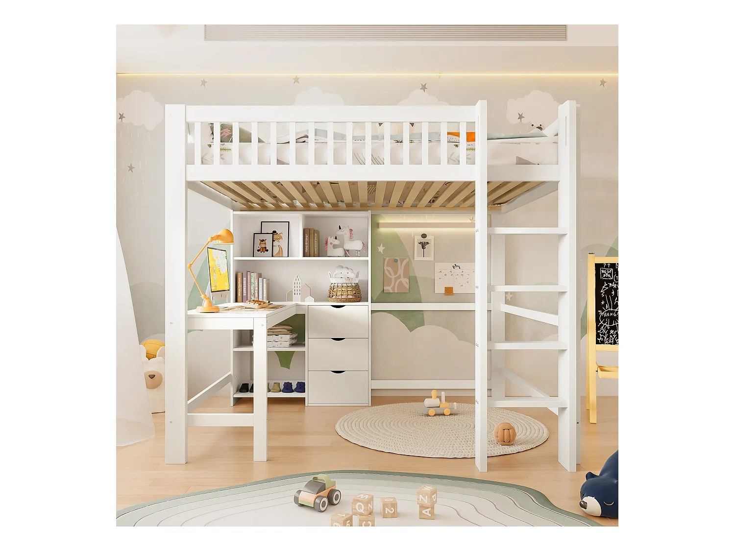 Lit mezzanine 140x200 cm - rangements multiples - avec échelle + bureau - avec 3 tiroirs - blanc (matelas non inclus)