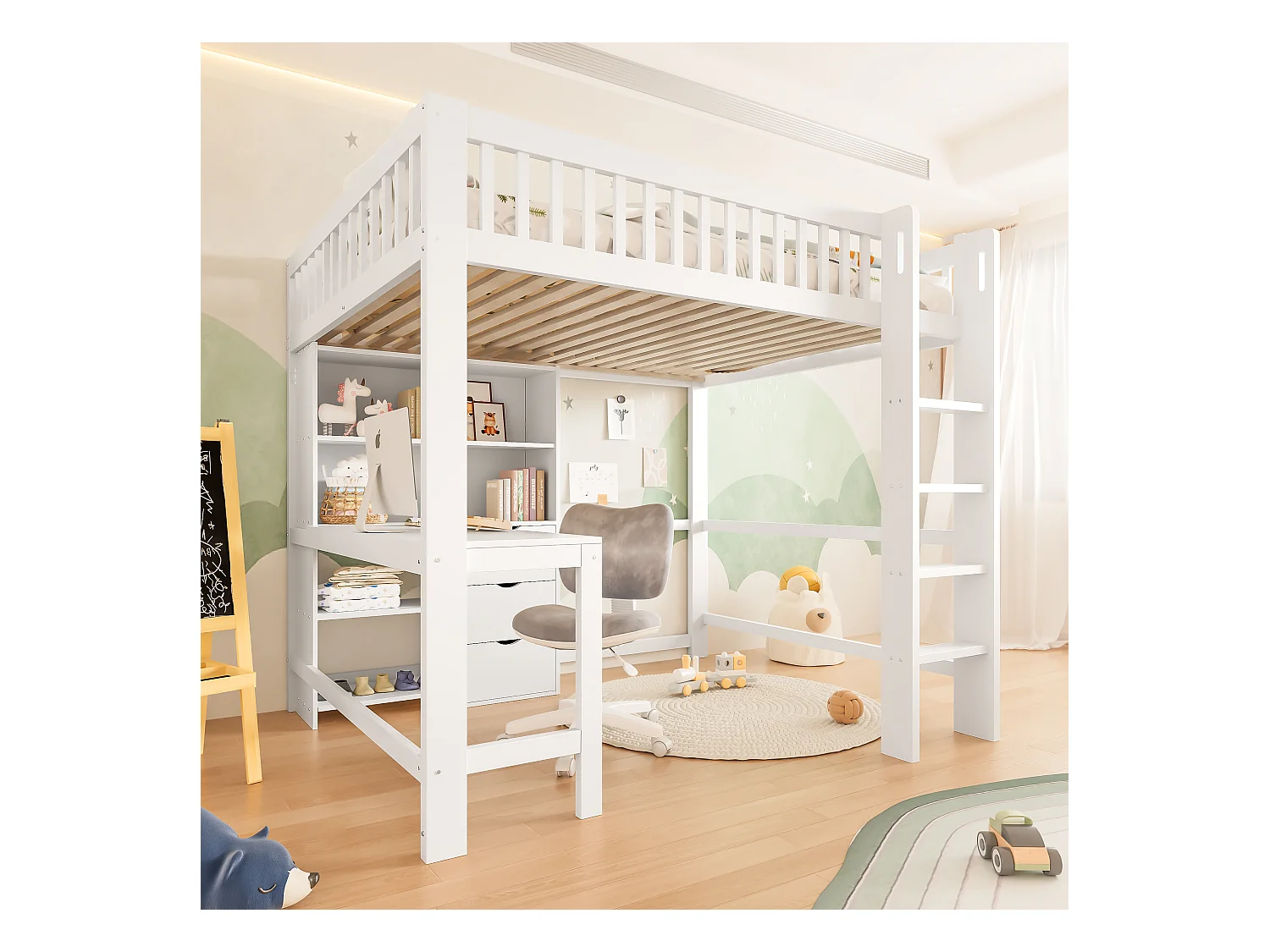 Lit mezzanine 140x200 cm - rangements multiples - avec échelle + bureau - avec 3 tiroirs - blanc (matelas non inclus)