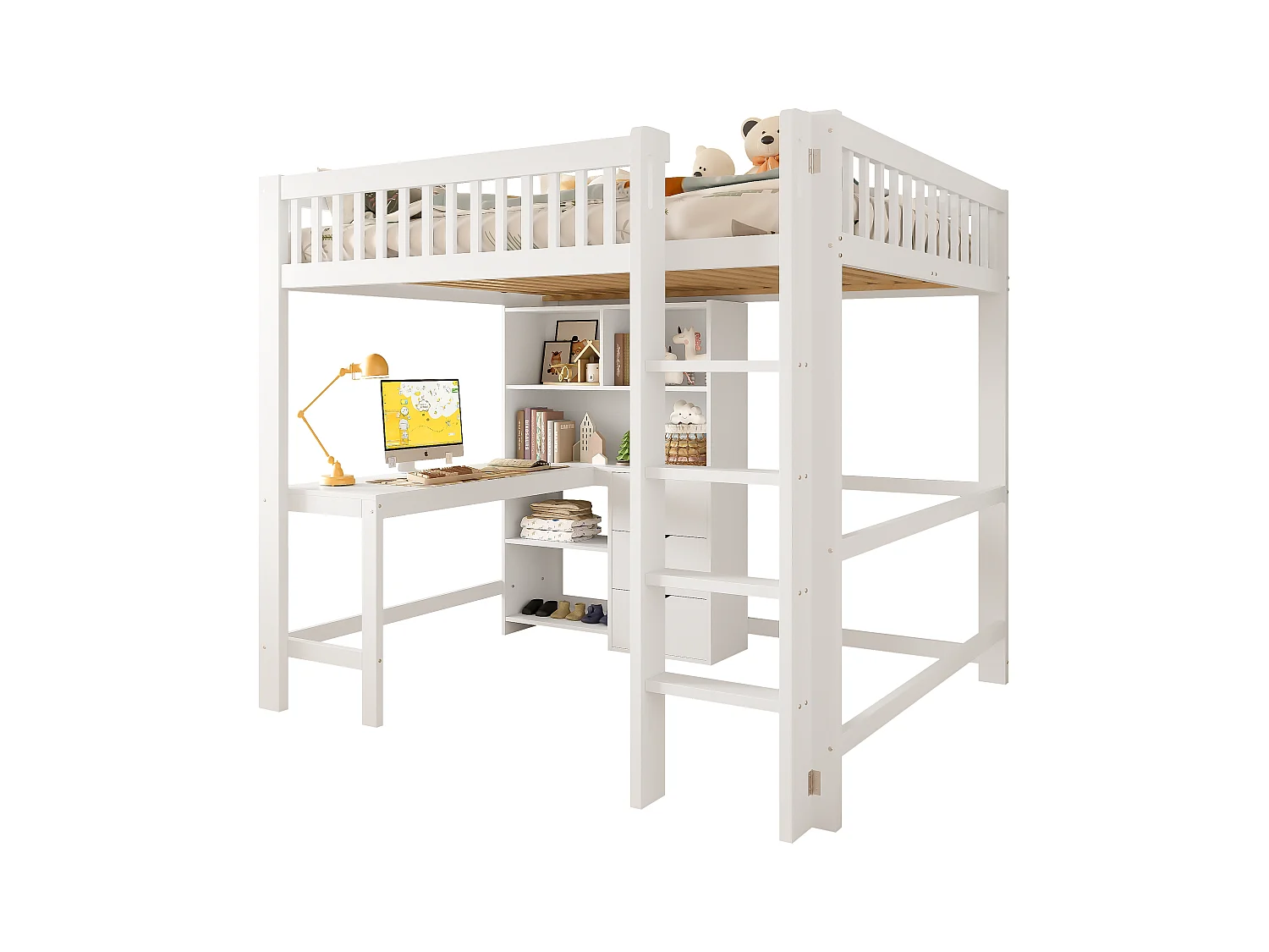 Lit mezzanine 140x200 cm - rangements multiples - avec échelle + bureau - avec 3 tiroirs - blanc (matelas non inclus)