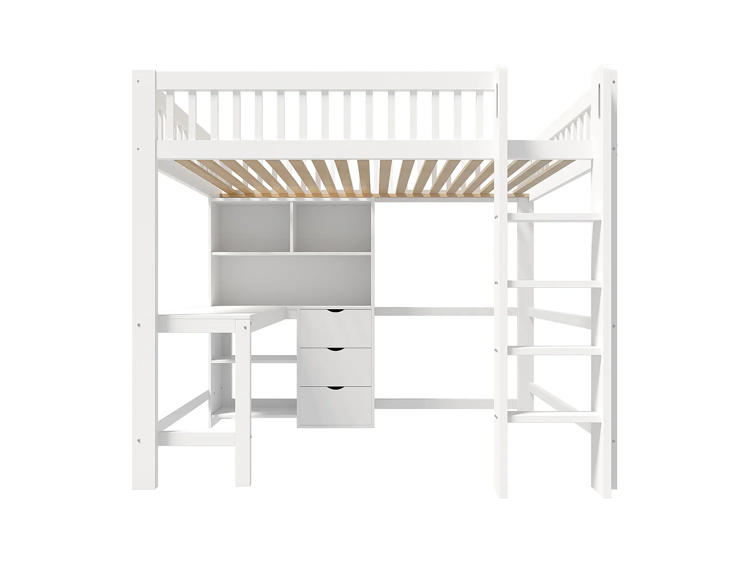 Lit mezzanine 140x200 cm - rangements multiples - avec échelle + bureau - avec 3 tiroirs - blanc (matelas non inclus)