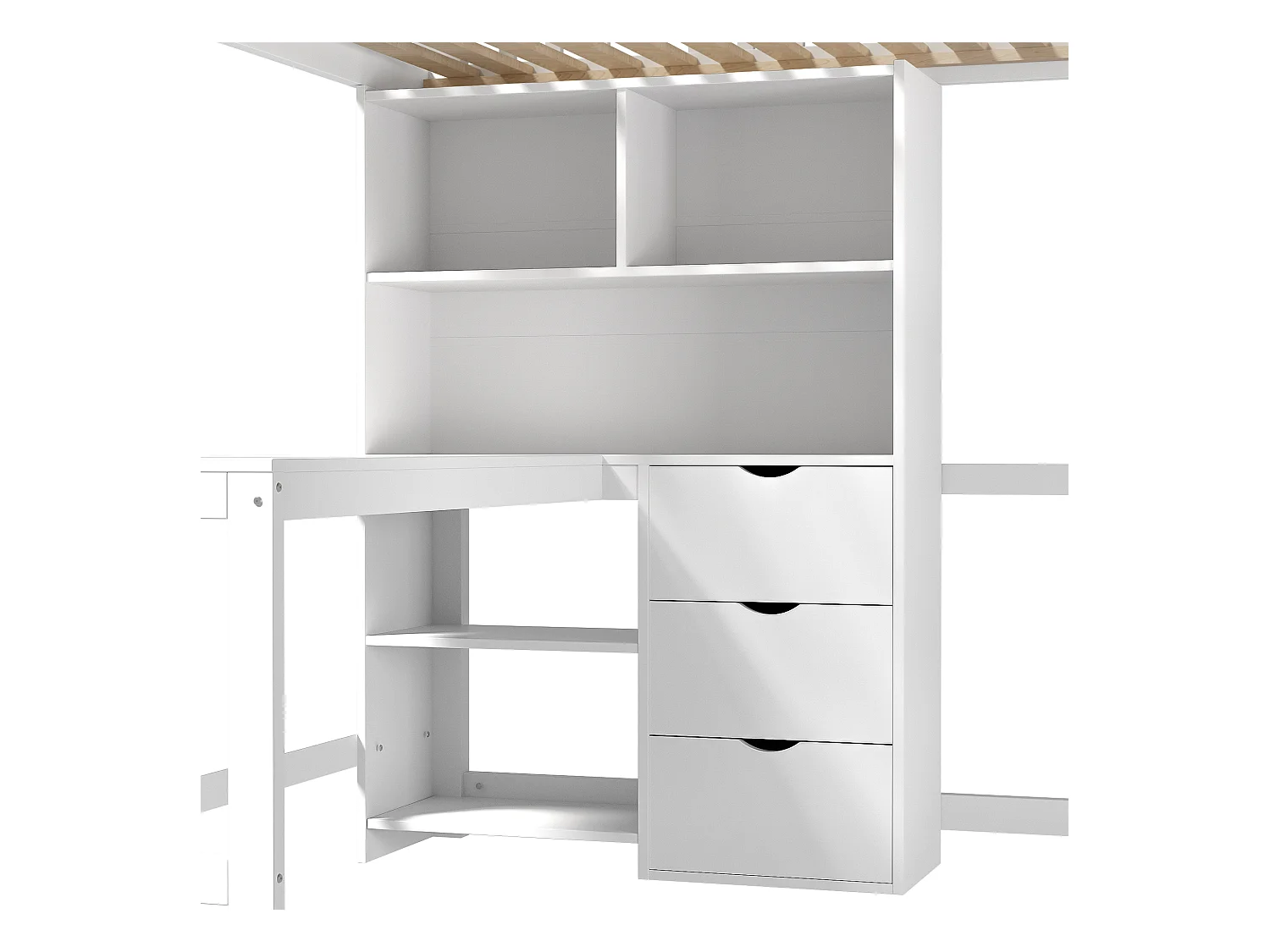 Lit mezzanine 140x200 cm - rangements multiples - avec échelle + bureau - avec 3 tiroirs - blanc (matelas non inclus)