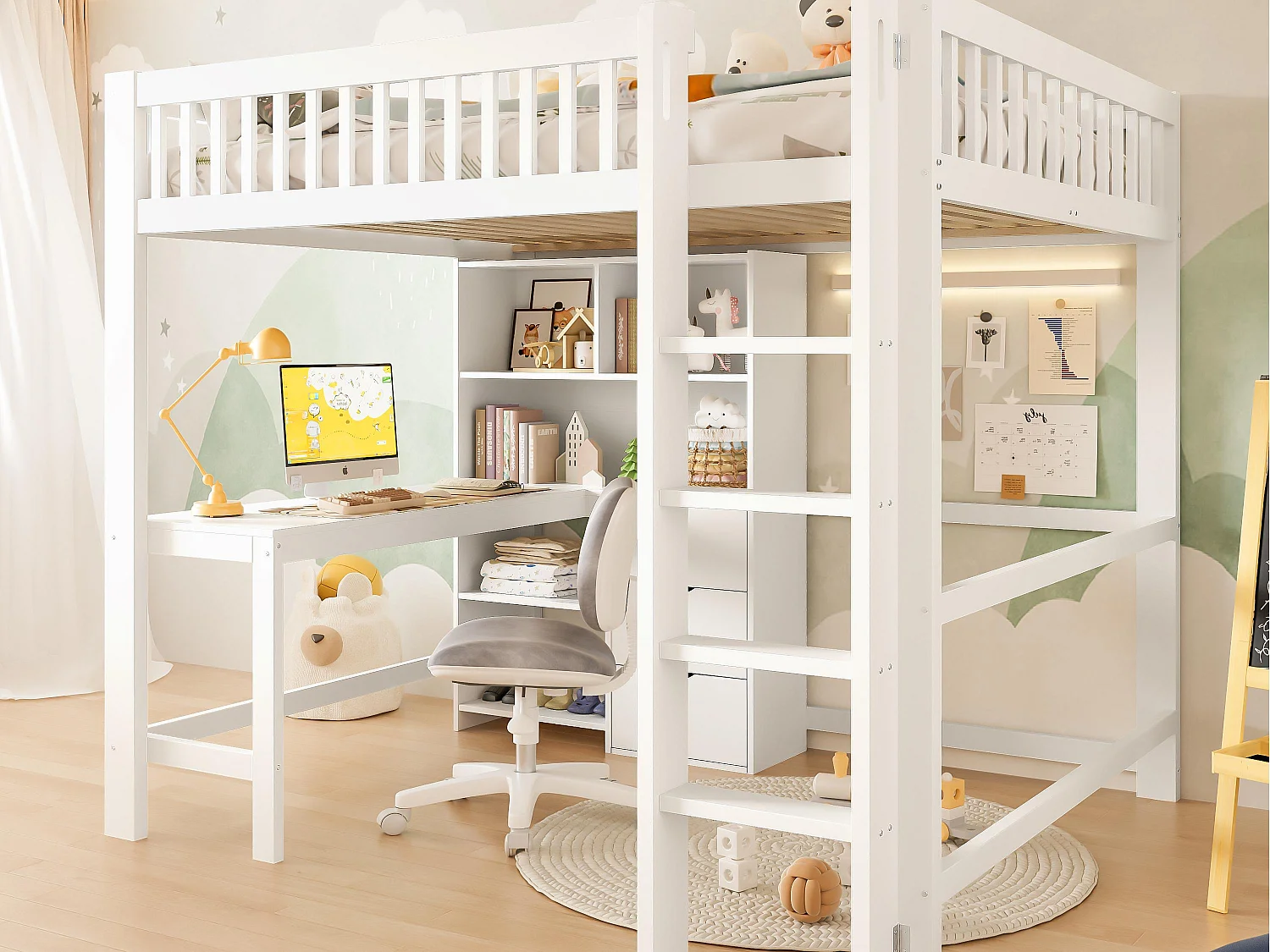 Lit mezzanine 140x200 cm - rangements multiples - avec échelle + bureau - avec 3 tiroirs - blanc (matelas non inclus)