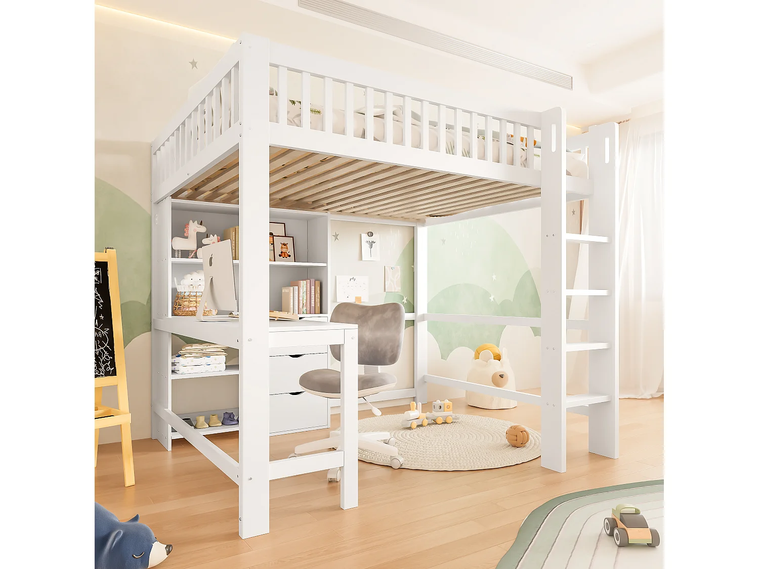 Hochbett 140x200 cm - viel Stauraum - mit Leiter + Schreibtisch - mit 3 Schubladen - weiß (Matratze nicht inbegriffen)