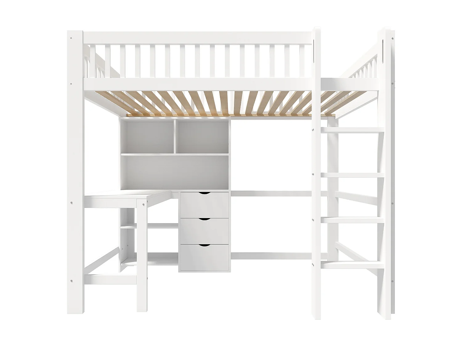 Hochbett 140x200 cm - viel Stauraum - mit Leiter + Schreibtisch - mit 3 Schubladen - weiß (Matratze nicht inbegriffen)