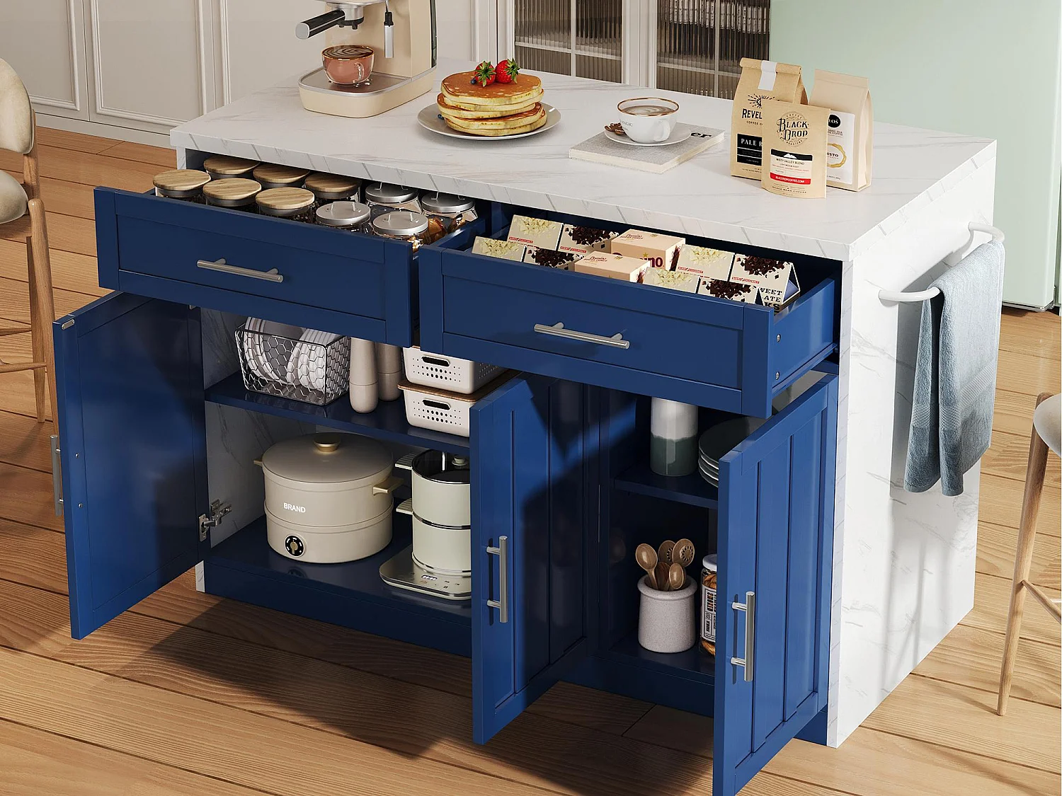 Ilot central de cuisine - avec prise USB - avec 2 tiroirs et 3 portes - avec porte-serviettes - plateau de table à manger effet marbre - Blanc + Bleu