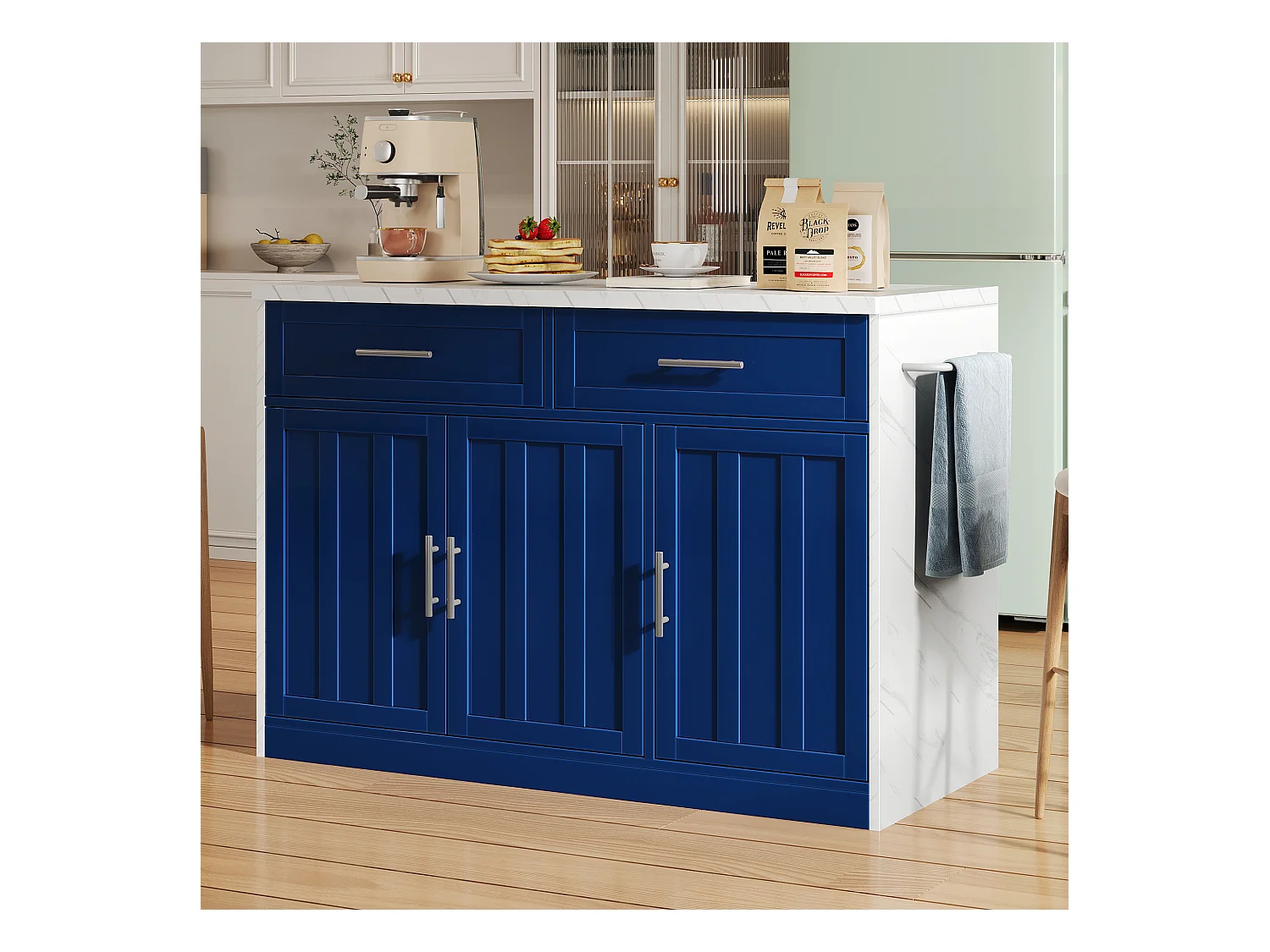 Ilot central de cuisine - avec prise USB - avec 2 tiroirs et 3 portes - avec porte-serviettes - plateau de table à manger effet marbre - Blanc + Bleu