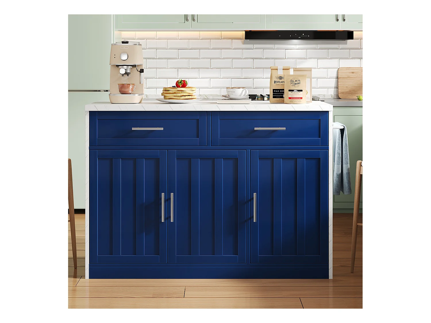 Ilot central de cuisine - avec prise USB - avec 2 tiroirs et 3 portes - avec porte-serviettes - plateau de table à manger effet marbre - Blanc + Bleu