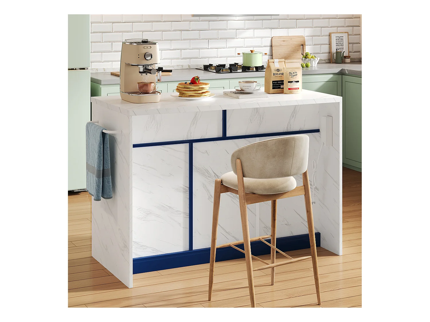 Ilot central de cuisine - avec prise USB - avec 2 tiroirs et 3 portes - avec porte-serviettes - plateau de table à manger effet marbre - Blanc + Bleu