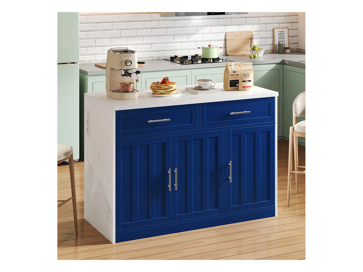 Ilot central de cuisine - avec prise USB - avec 2 tiroirs et 3 portes - avec porte-serviettes - plateau de table à manger effet marbre - Blanc + Bleu