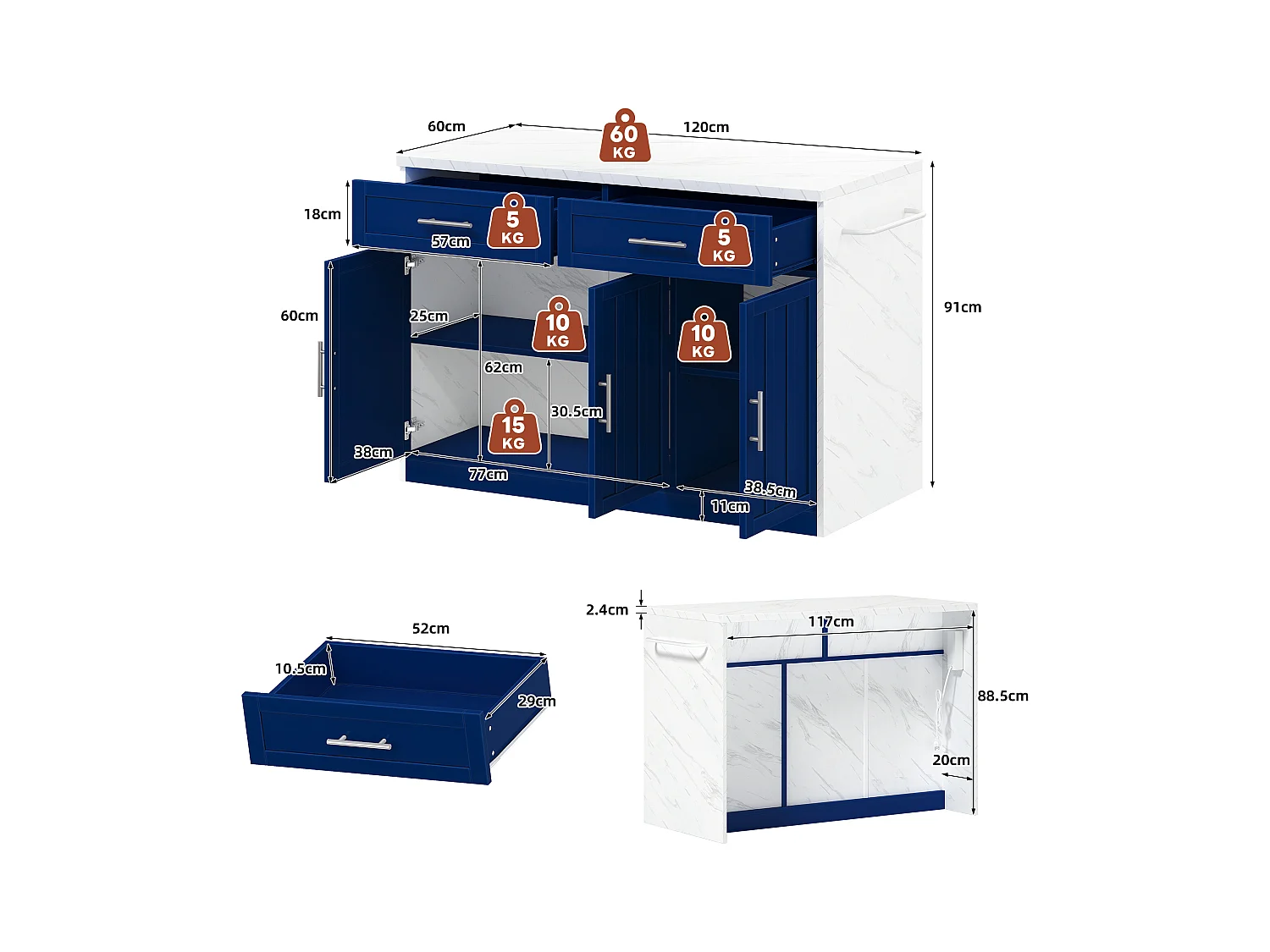 Ilot central de cuisine - avec prise USB - avec 2 tiroirs et 3 portes - avec porte-serviettes - plateau de table à manger effet marbre - Blanc + Bleu