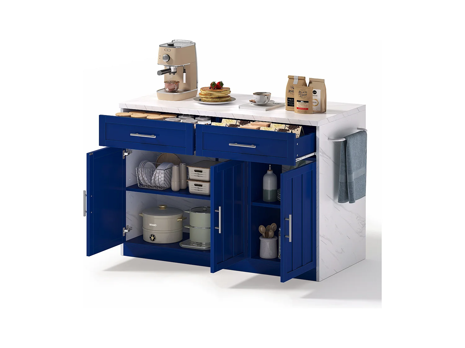 Ilot central de cuisine - avec prise USB - avec 2 tiroirs et 3 portes - avec porte-serviettes - plateau de table à manger effet marbre - Blanc + Bleu