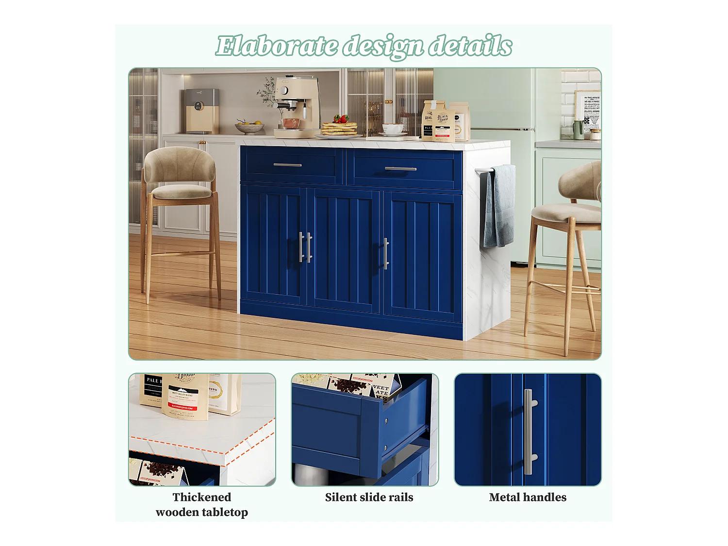 Ilot central de cuisine - avec prise USB - avec 2 tiroirs et 3 portes - avec porte-serviettes - plateau de table à manger effet marbre - Blanc + Bleu