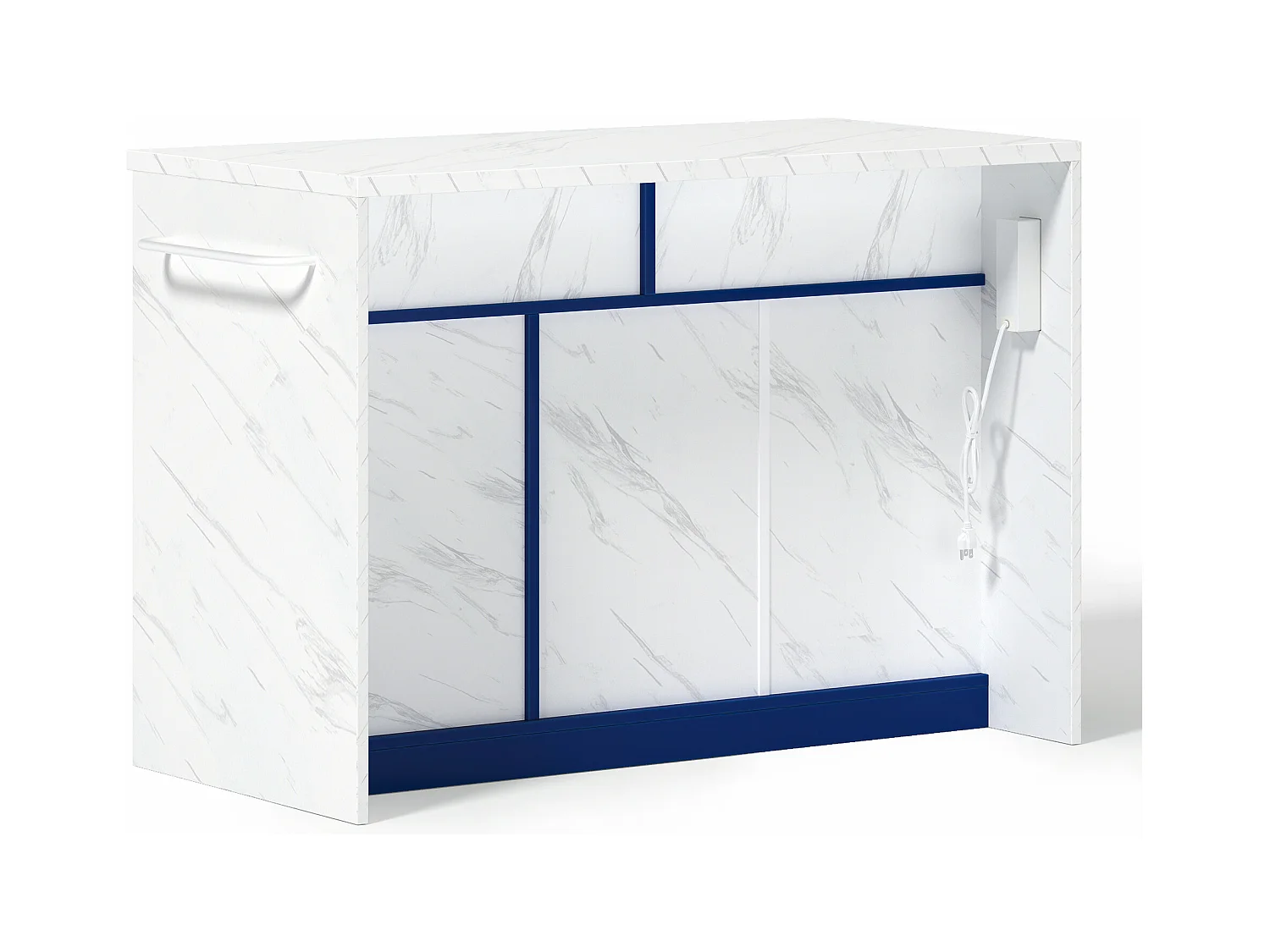 Ilot central de cuisine - avec prise USB - avec 2 tiroirs et 3 portes - avec porte-serviettes - plateau de table à manger effet marbre - Blanc + Bleu