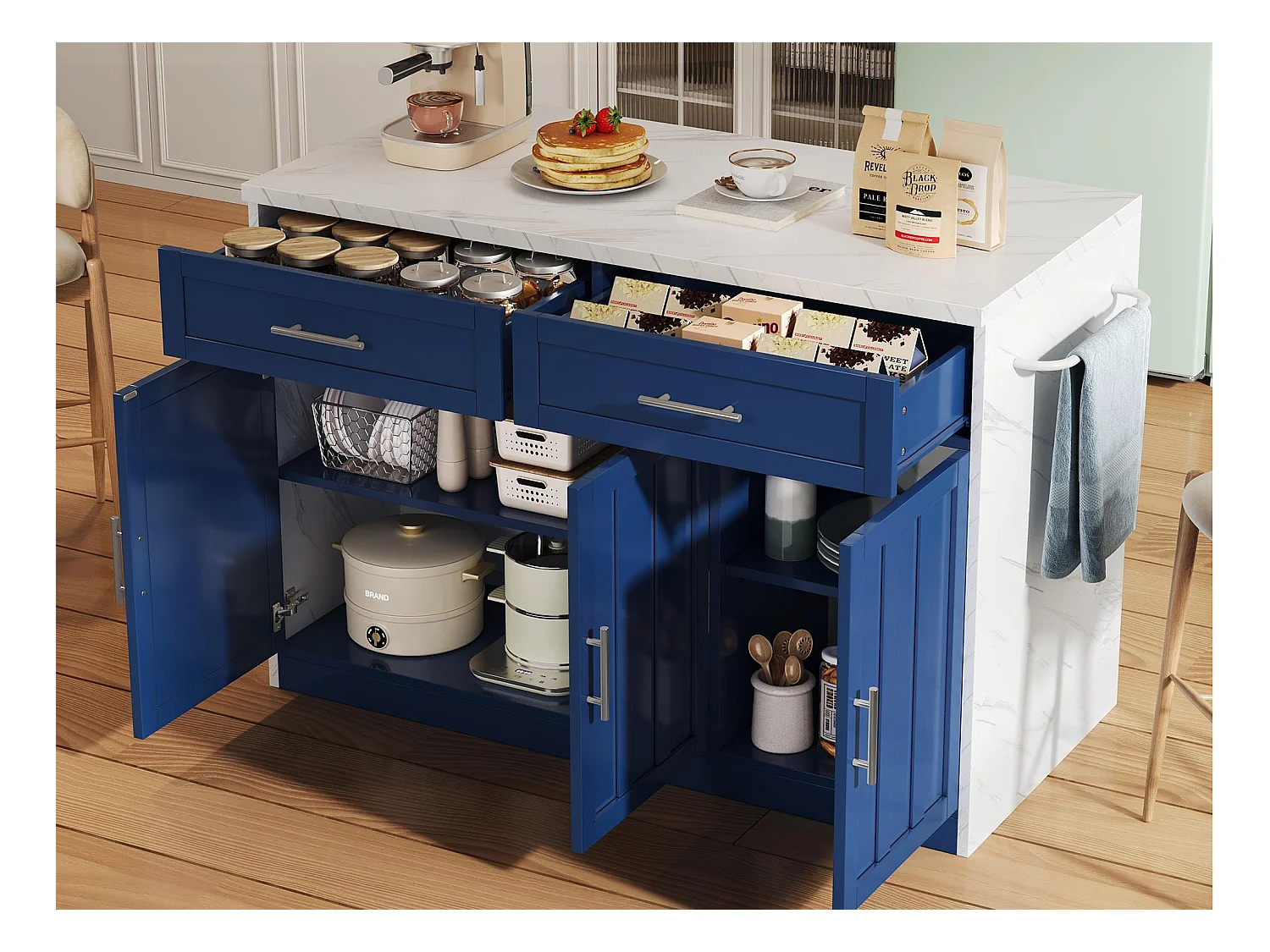 Ilot central de cuisine - avec prise USB - avec 2 tiroirs et 3 portes - avec porte-serviettes - plateau de table à manger effet marbre - Blanc + Bleu