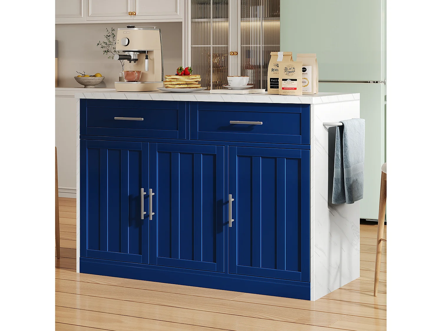 Ilot central de cuisine - avec prise USB - avec 2 tiroirs et 3 portes - avec porte-serviettes - plateau de table à manger effet marbre - Blanc + Bleu