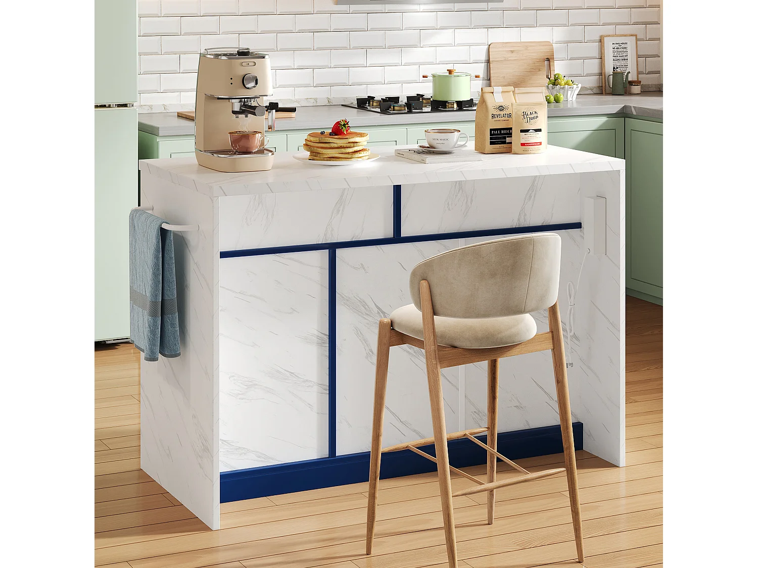 Ilot central de cuisine - avec prise USB - avec 2 tiroirs et 3 portes - avec porte-serviettes - plateau de table à manger effet marbre - Blanc + Bleu