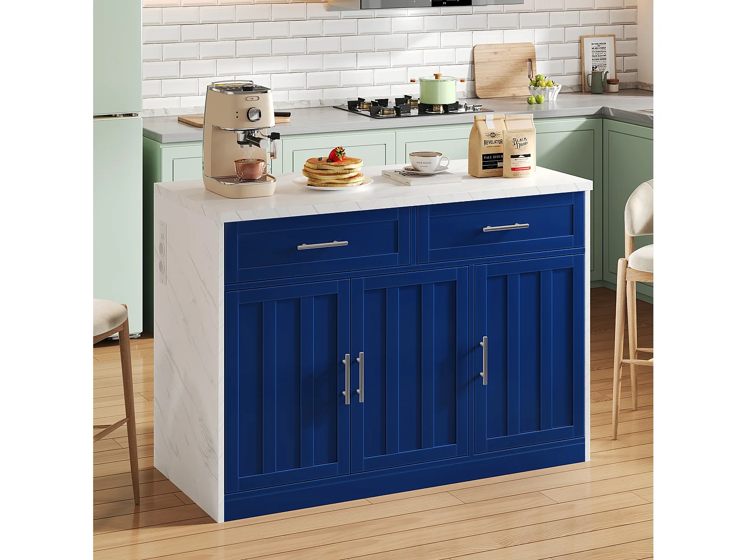 Ilot central de cuisine - avec prise USB - avec 2 tiroirs et 3 portes - avec porte-serviettes - plateau de table à manger effet marbre - Blanc + Bleu