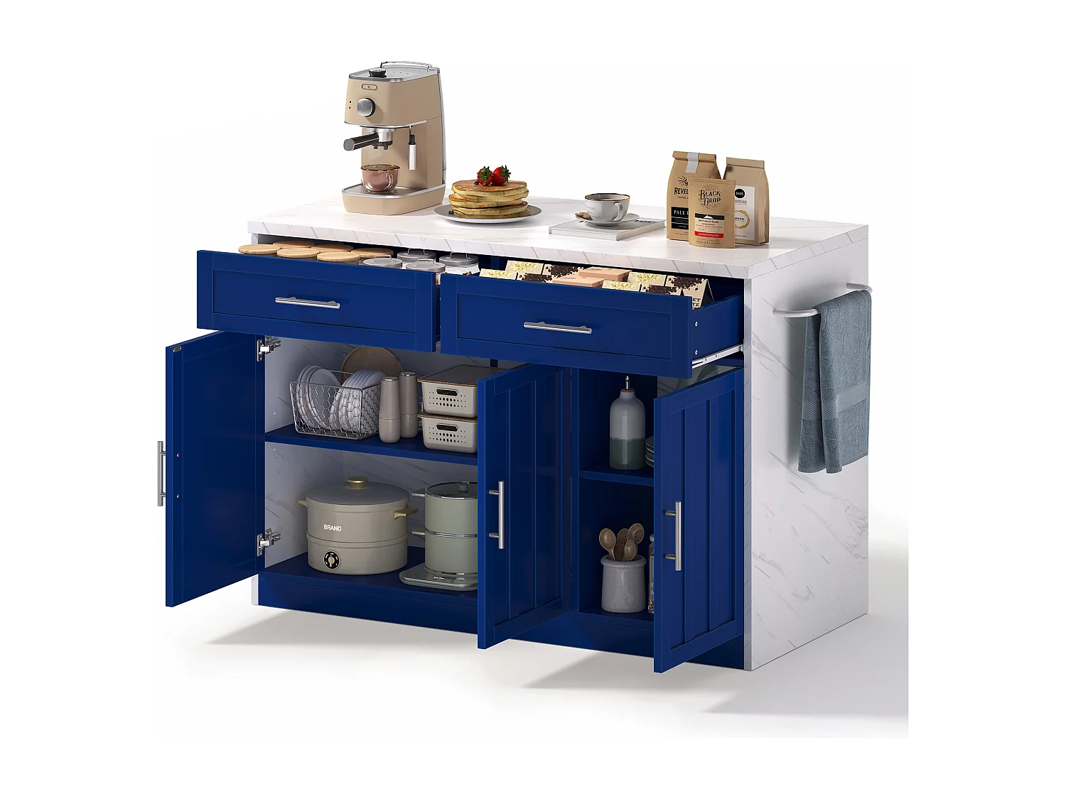 Ilot central de cuisine - avec prise USB - avec 2 tiroirs et 3 portes - avec porte-serviettes - plateau de table à manger effet marbre - Blanc + Bleu