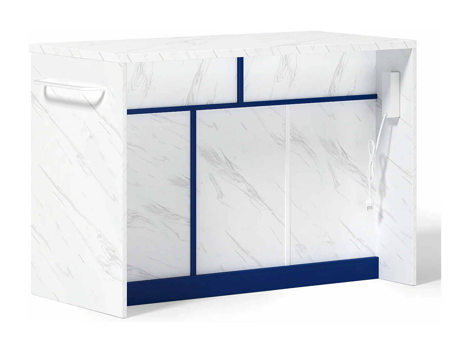 Ilot central de cuisine - avec prise USB - avec 2 tiroirs et 3 portes - avec porte-serviettes - plateau de table à manger effet marbre - Blanc + Bleu