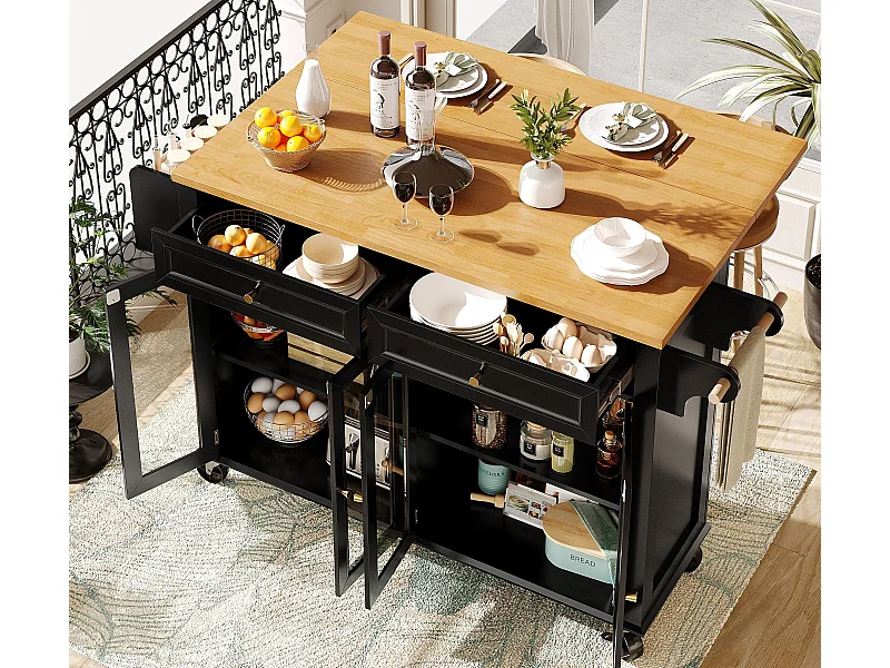 Ilot central de cuisine mobile - Plateau extensible - 140x72.5x90cm - 2 tiroirs et 4 portes vitrées - avec porte-serviettes - Noir
