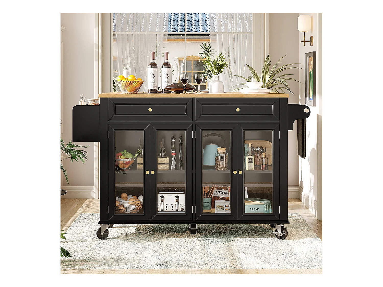 Ilot central de cuisine mobile - Plateau extensible - 140x72.5x90cm - 2 tiroirs et 4 portes vitrées - avec porte-serviettes - Noir