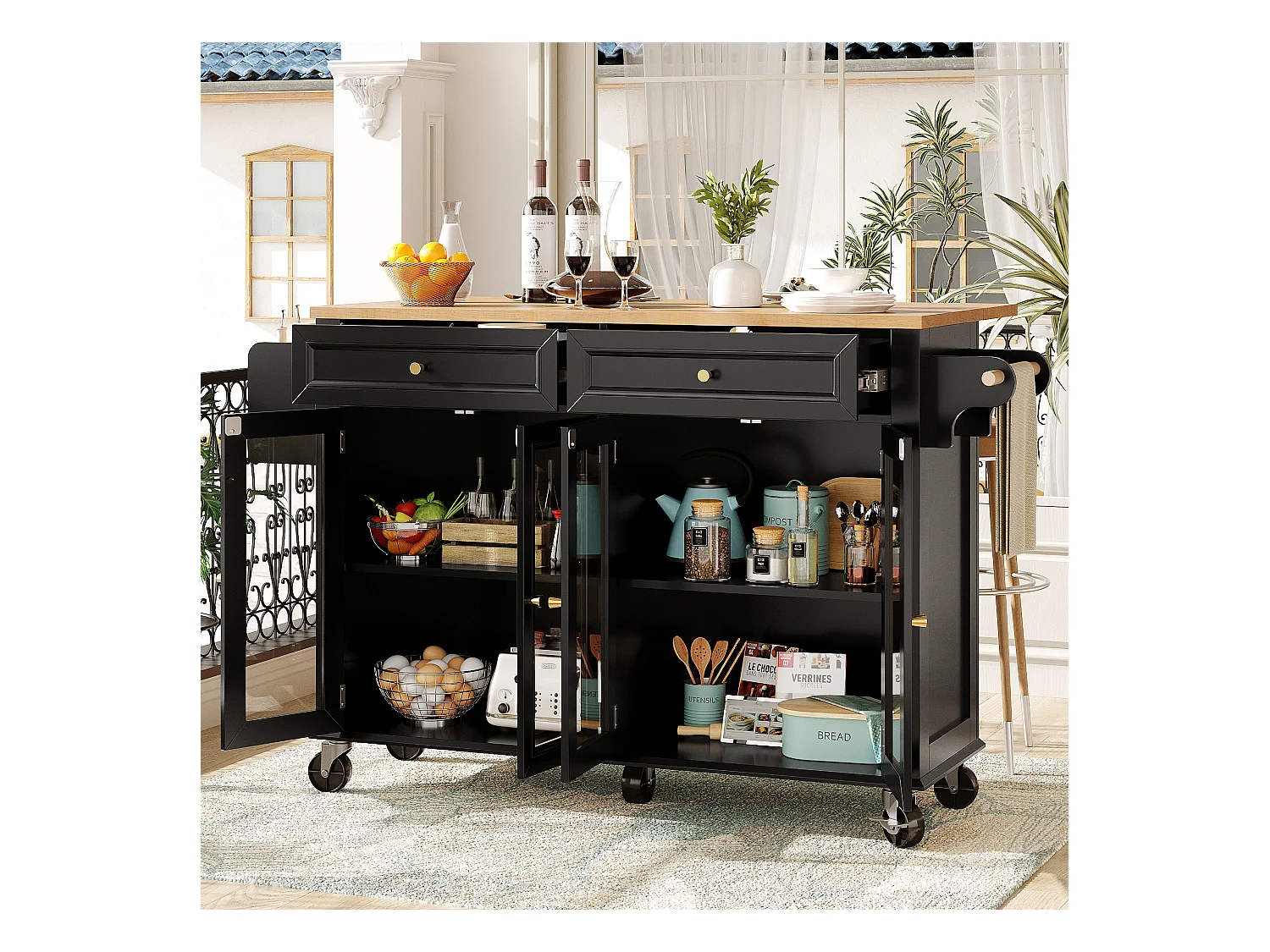 Ilot central de cuisine mobile - Plateau extensible - 140x72.5x90cm - 2 tiroirs et 4 portes vitrées - avec porte-serviettes - Noir