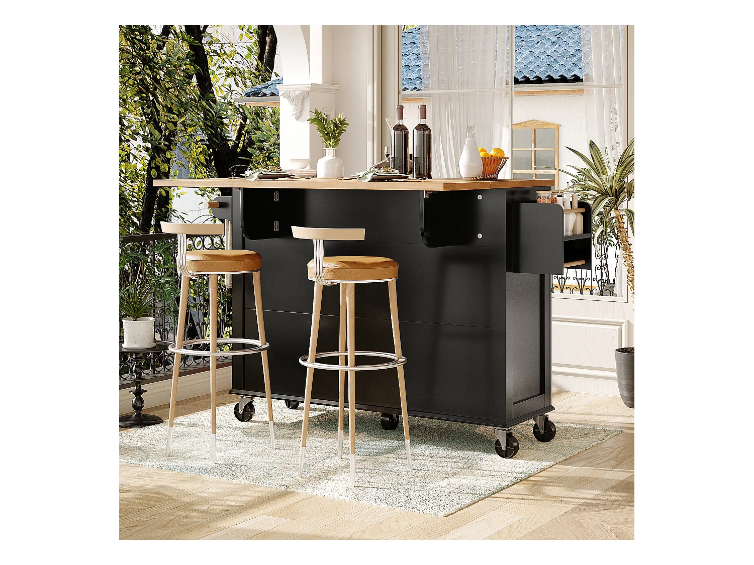 Ilot central de cuisine mobile - Plateau extensible - 140x72.5x90cm - 2 tiroirs et 4 portes vitrées - avec porte-serviettes - Noir