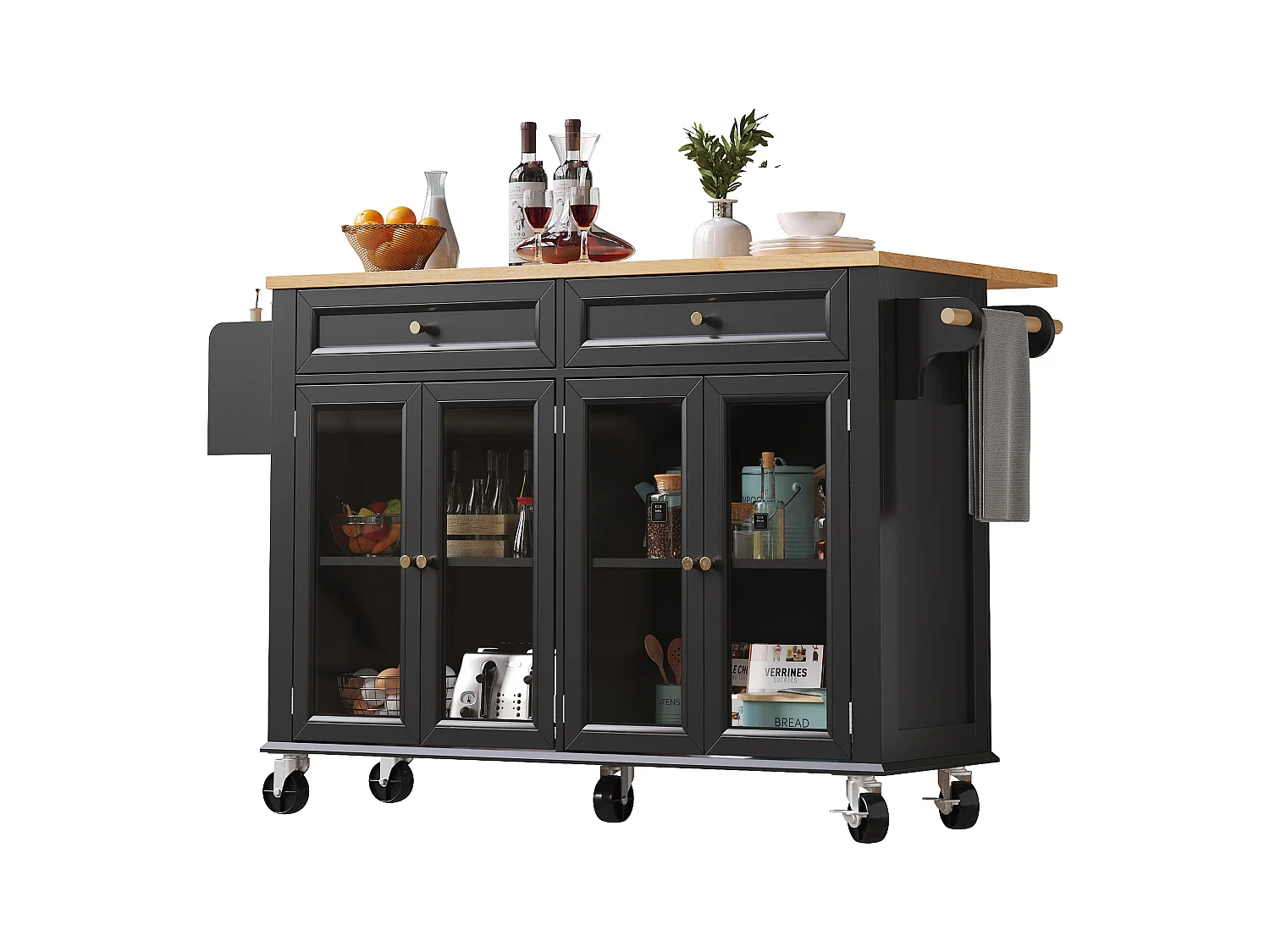Ilot central de cuisine mobile - Plateau extensible - 140x72.5x90cm - 2 tiroirs et 4 portes vitrées - avec porte-serviettes - Noir
