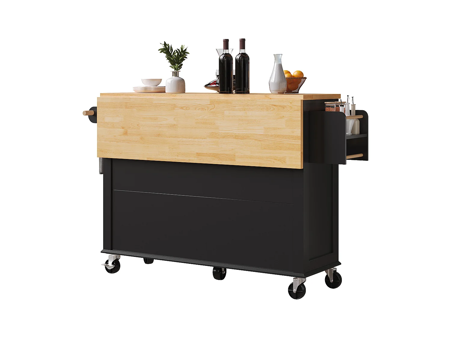 Ilot central de cuisine mobile - Plateau extensible - 140x72.5x90cm - 2 tiroirs et 4 portes vitrées - avec porte-serviettes - Noir