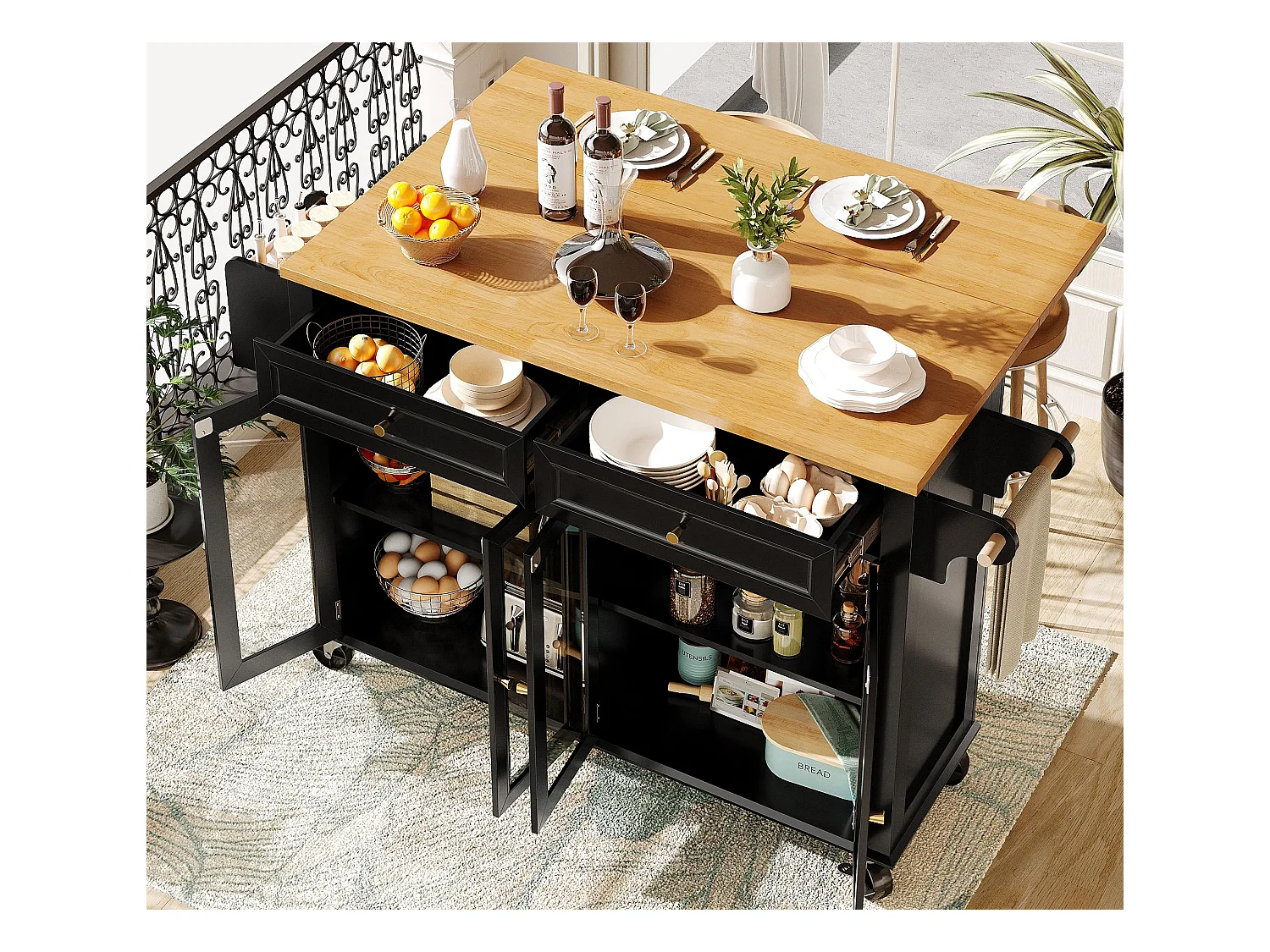 Mobilna wyspa kuchenna - Rozsuwany blat - 140x72.5x90 cm - 2 szuflady i 4 szklane drzwi - z wieszakiem na ręczniki - Czarny