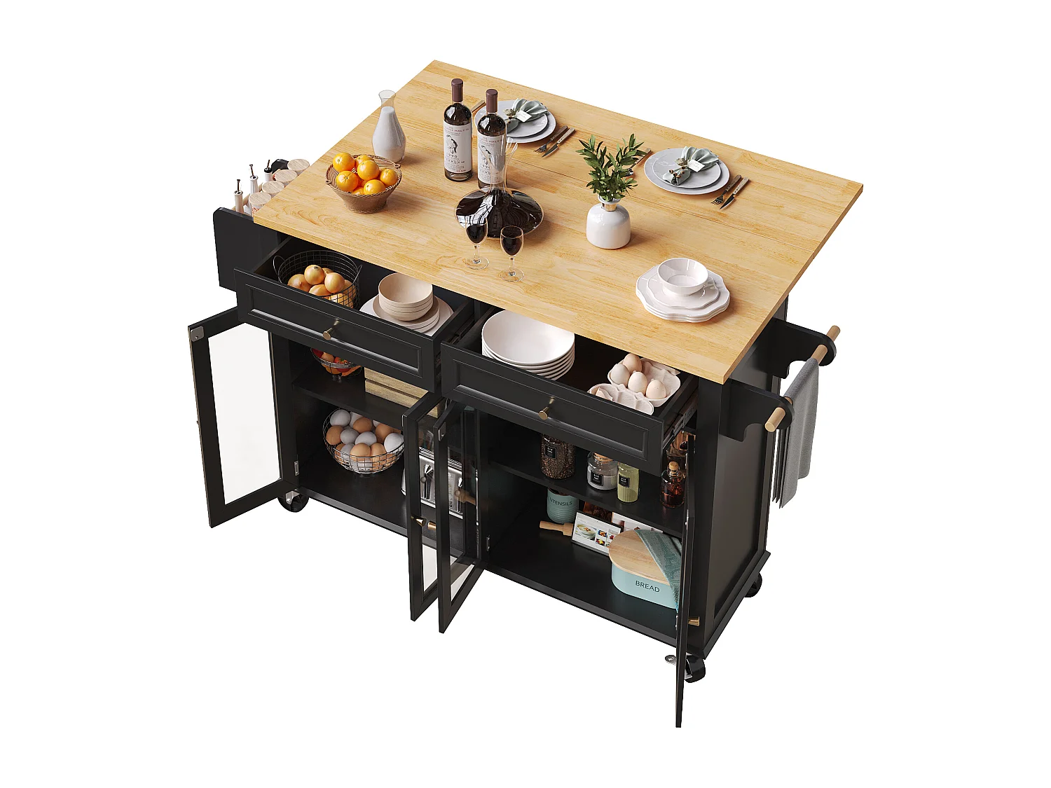 Ilot central de cuisine mobile - Plateau extensible - 140x72.5x90cm - 2 tiroirs et 4 portes vitrées - avec porte-serviettes - Noir