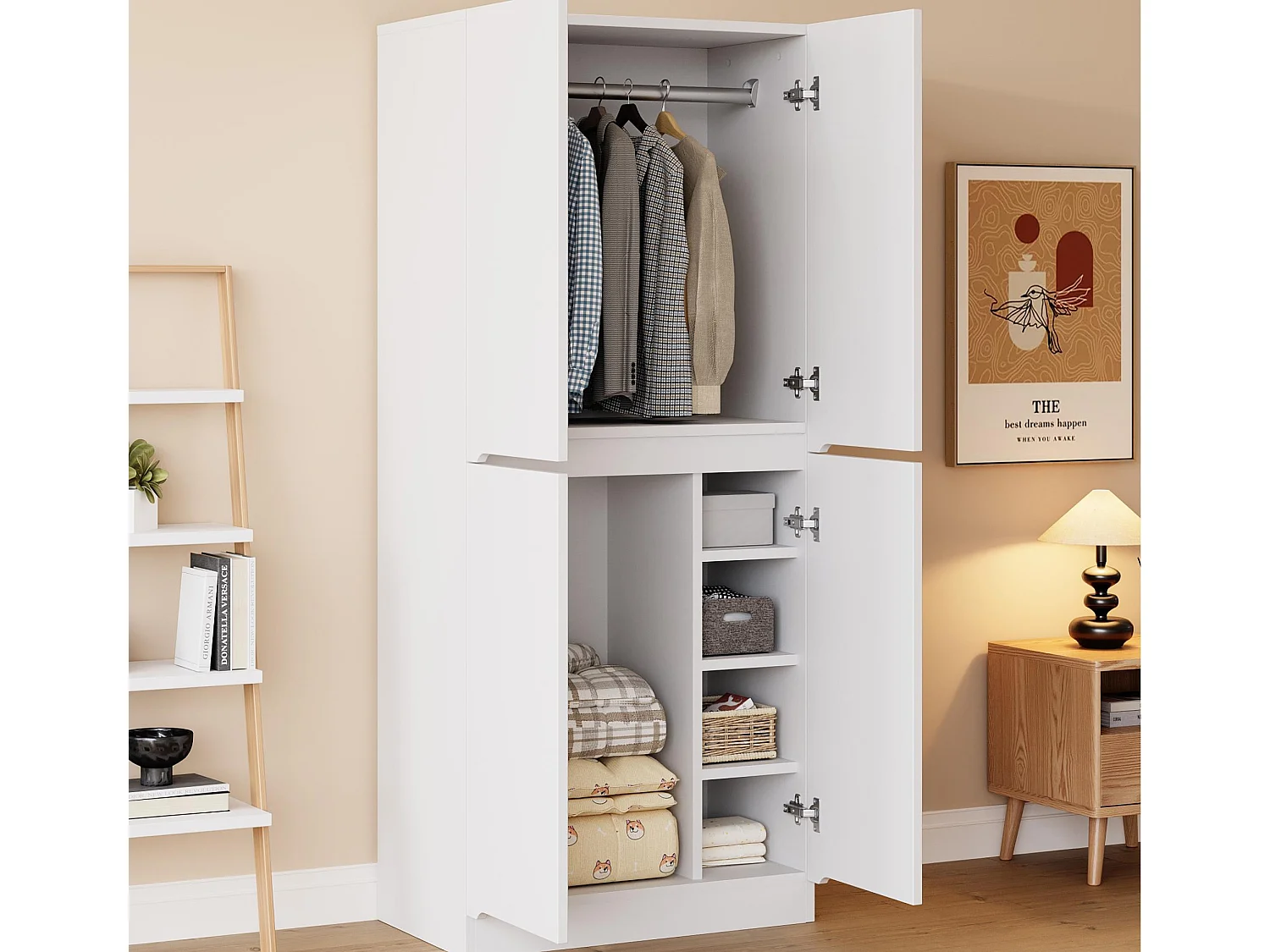 Armoire 70x40x170 cm - avec 4 portes - avec compartiments de rangement - Blanc