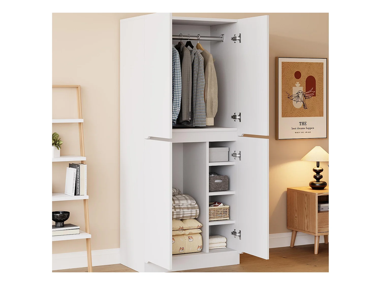 Armoire 70x40x170 cm - avec 4 portes - avec compartiments de rangement - Blanc