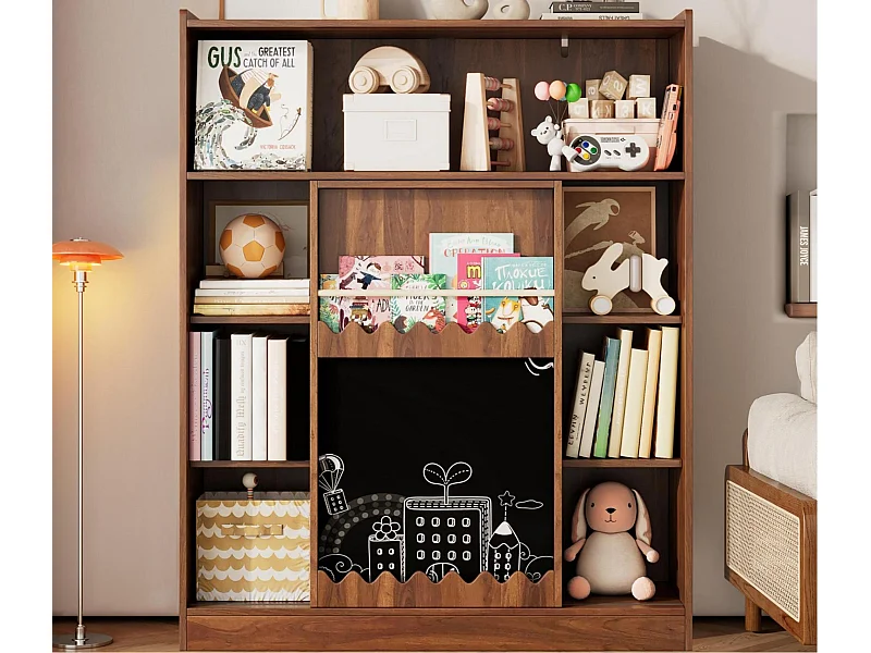 Boekenkast 120x38.5x151.5 cm - met afneembaar tekentablet - 9 opbergvakken - 1 schuifdeur - bruin