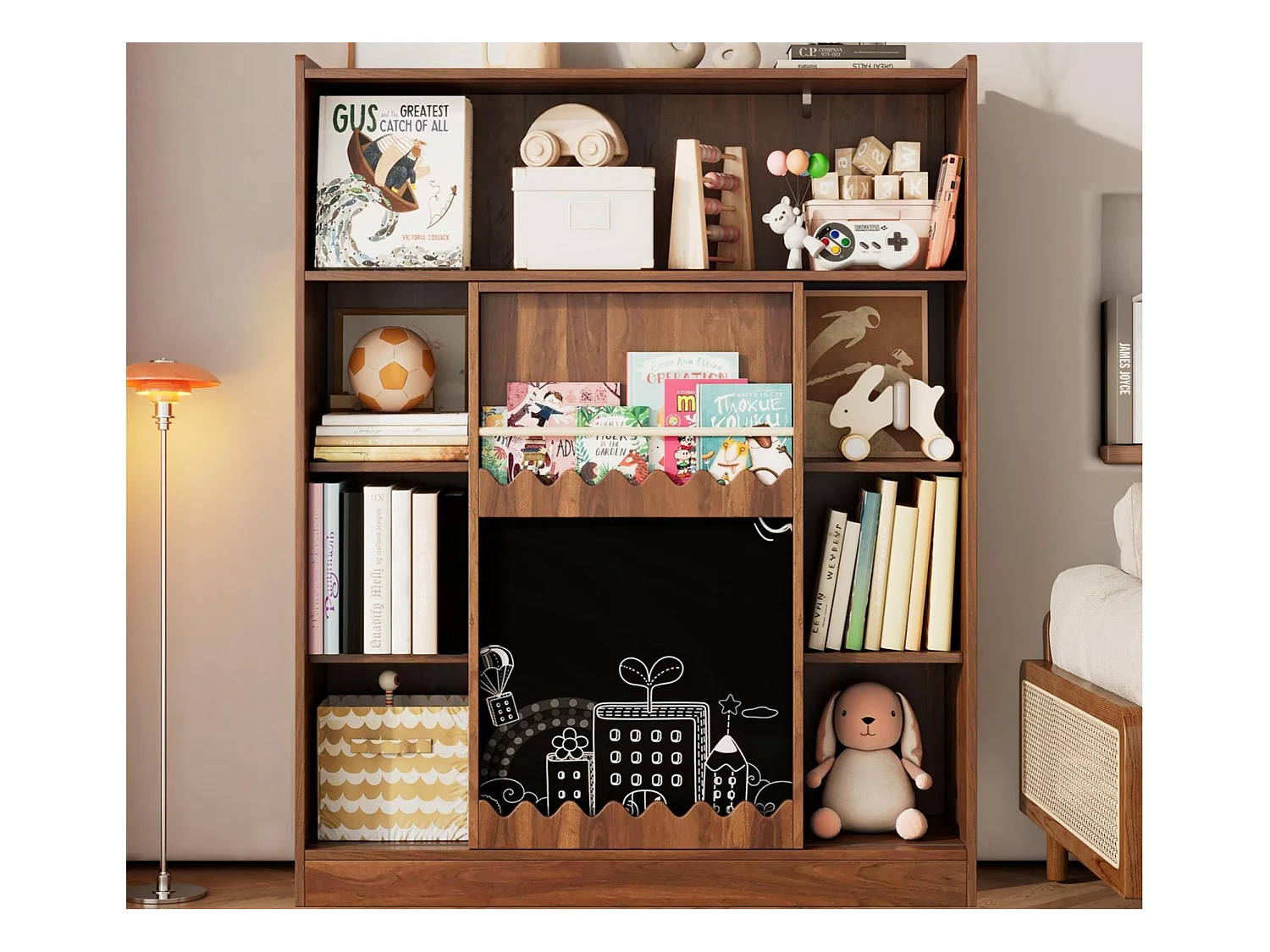 Bibliothèque 120x38.5x151.5 cm - avec planche à dessin amovible - 9 compartiments de rangement - 1 porte coulissante - marron