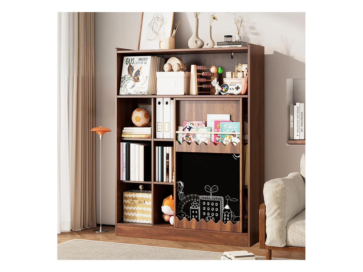 Bibliothèque 120x38.5x151.5 cm - avec planche à dessin amovible - 9 compartiments de rangement - 1 porte coulissante - marron