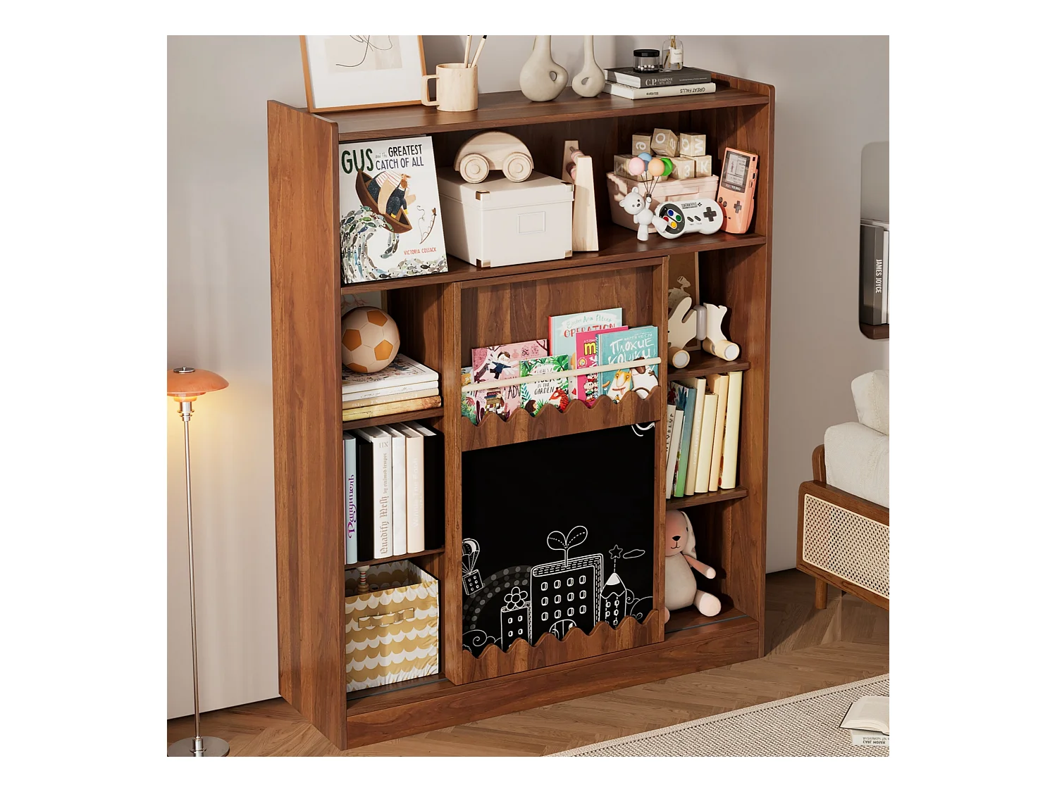 Bibliothèque 120x38.5x151.5 cm - avec planche à dessin amovible - 9 compartiments de rangement - 1 porte coulissante - marron