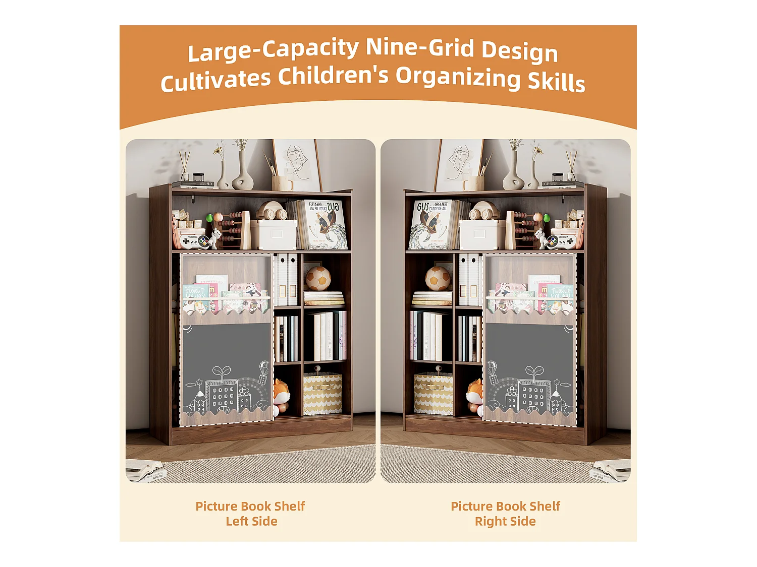 Bibliothèque 120x38.5x151.5 cm - avec planche à dessin amovible - 9 compartiments de rangement - 1 porte coulissante - marron